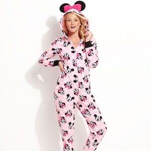 NWT!! Pink Minnie Mouse Hooded Onesie Pajamas women’s size S